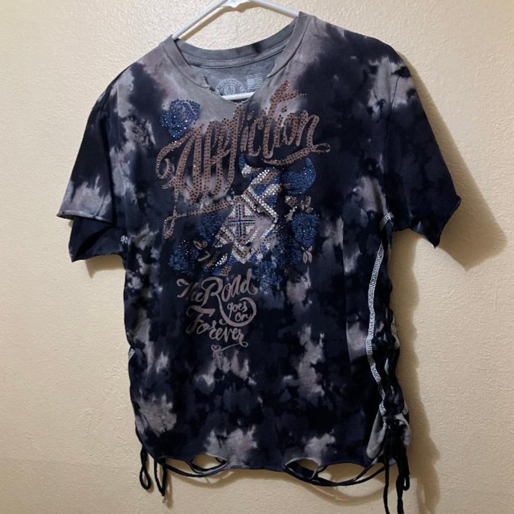 Y2k Affliction Women's Tie Dyed Rhinestone Cinched Sides Distressed T-Shirt M